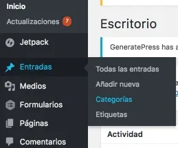 Ejemplo de panel de creación de categorías
