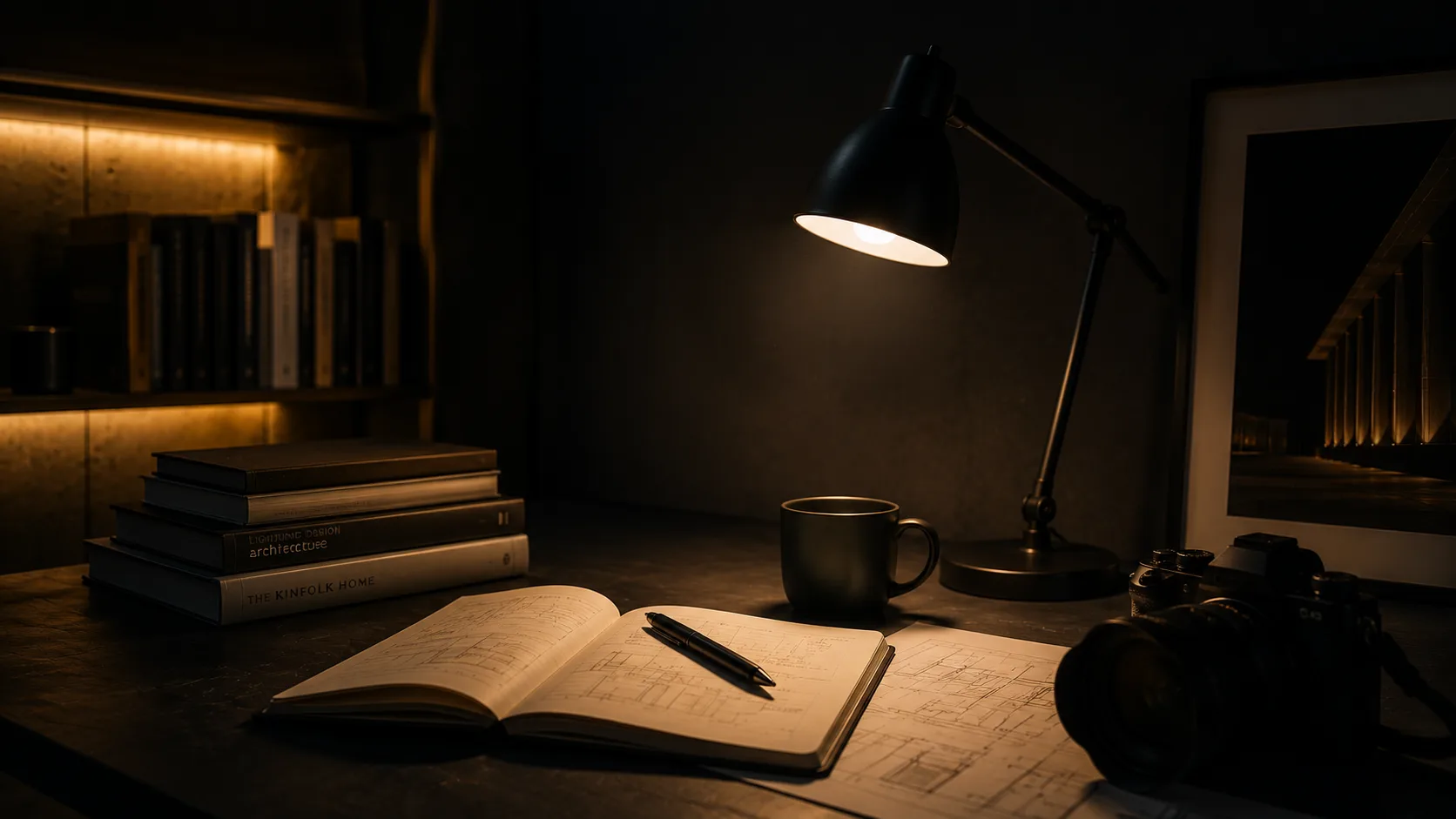 Escritorio de trabajo con libros, planos, una lámpara y una cámara