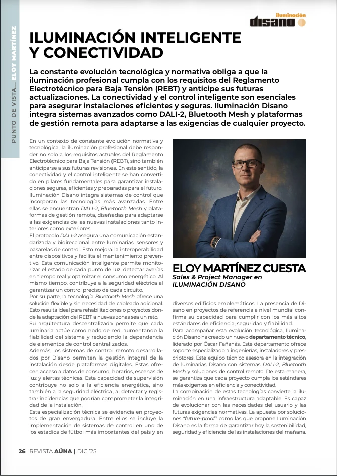 Página del artículo Iluminación inteligente y conectividad de Eloy Martínez Cuesta publicado en Revista AÚNA en diciembre de 2025