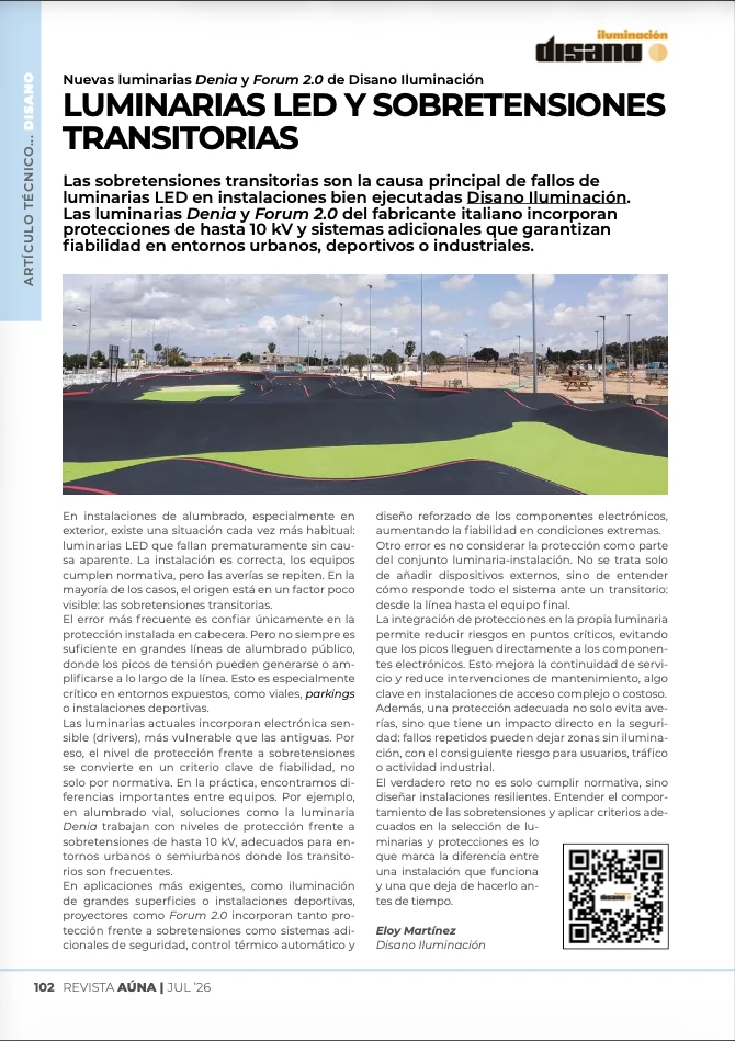 Página del artículo Luminarias LED y sobretensiones transitorias de Eloy Martínez publicado en Revista AÚNA en julio de 2026