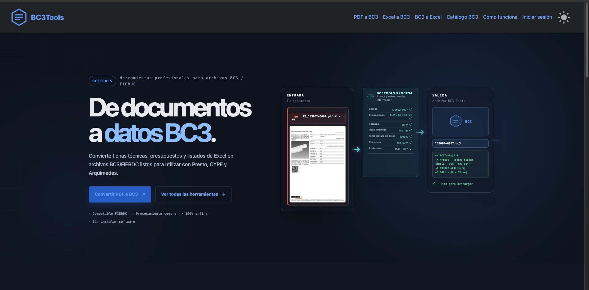 Interfaz de BC3Tools mostrando el flujo de documentos a datos BC3/FIEBDC.