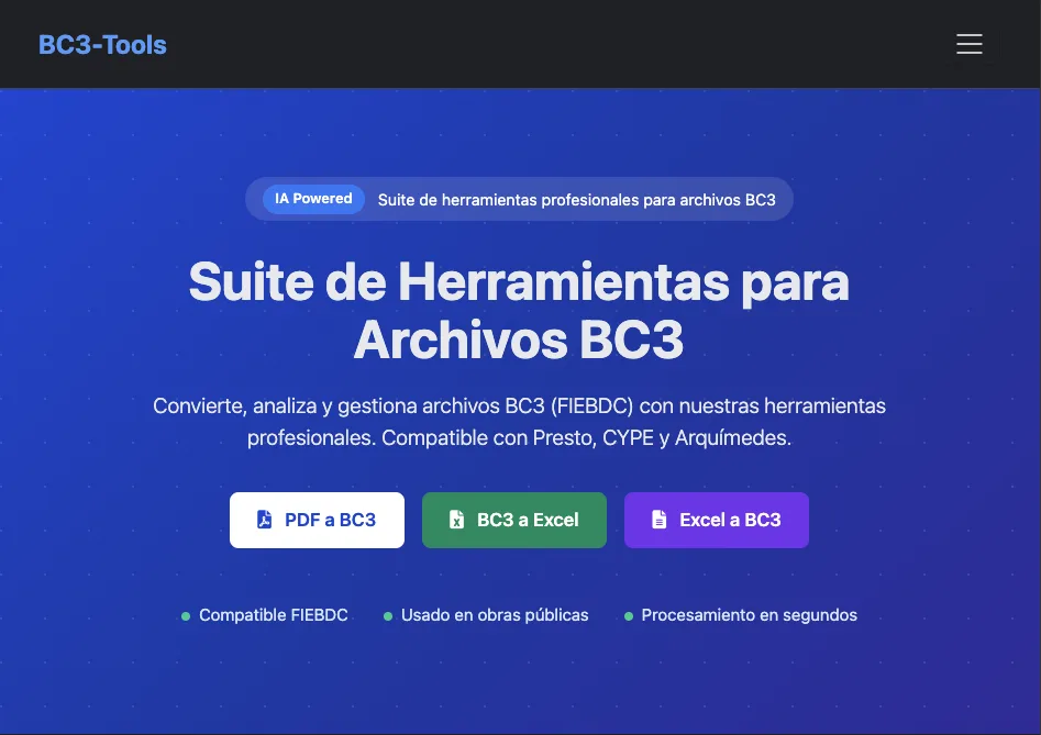 Interfaz de BC3 Suite con herramientas para trabajar con archivos PDF, Excel y BC3