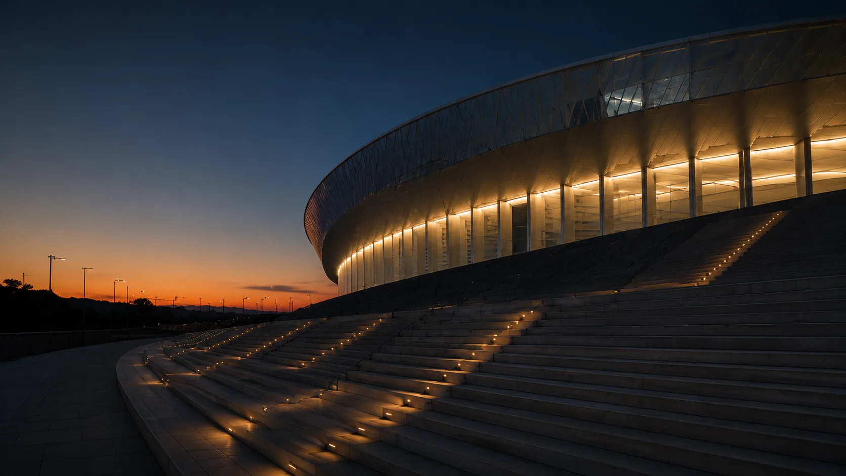 Estadio iluminado al anochecer