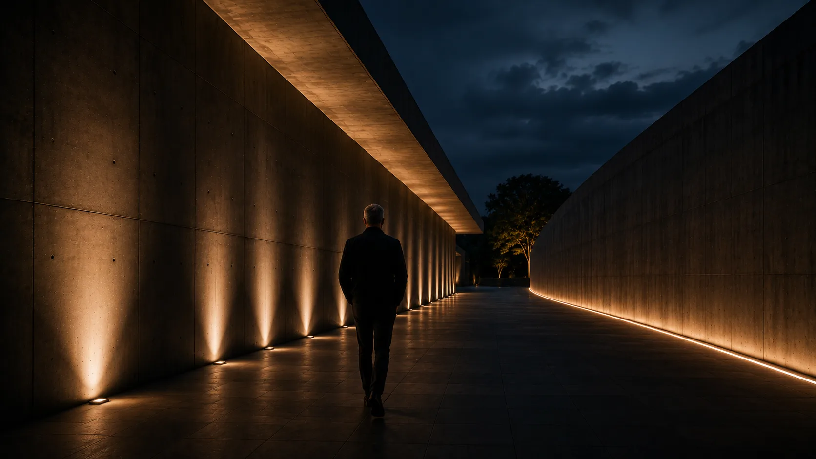 Persona caminando por un espacio arquitectónico iluminado